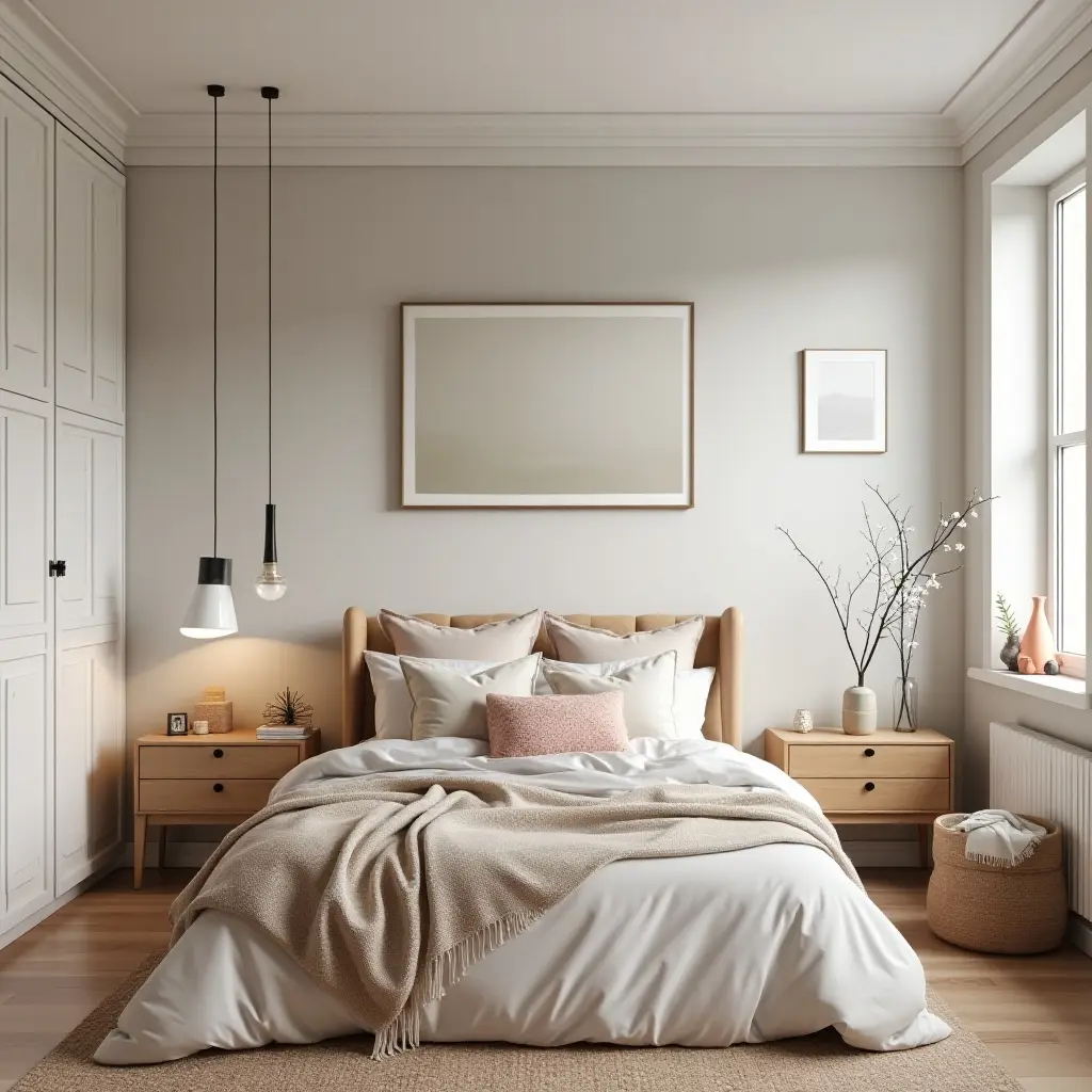 a photo of a stylish Scandinavian bedroom with wooden accents and a playful color palette